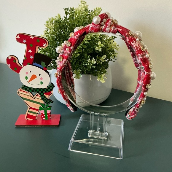 Festive Red Plaid Top Knot Headband with Pearls #1 - Picture 4 of 4